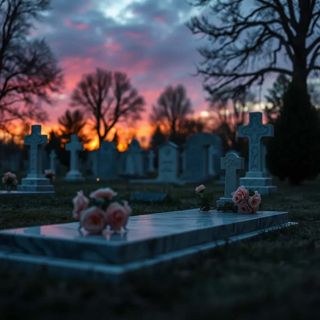 Cimetière au crépuscule avec tombes, croix et bouquets de roses au premier plan.